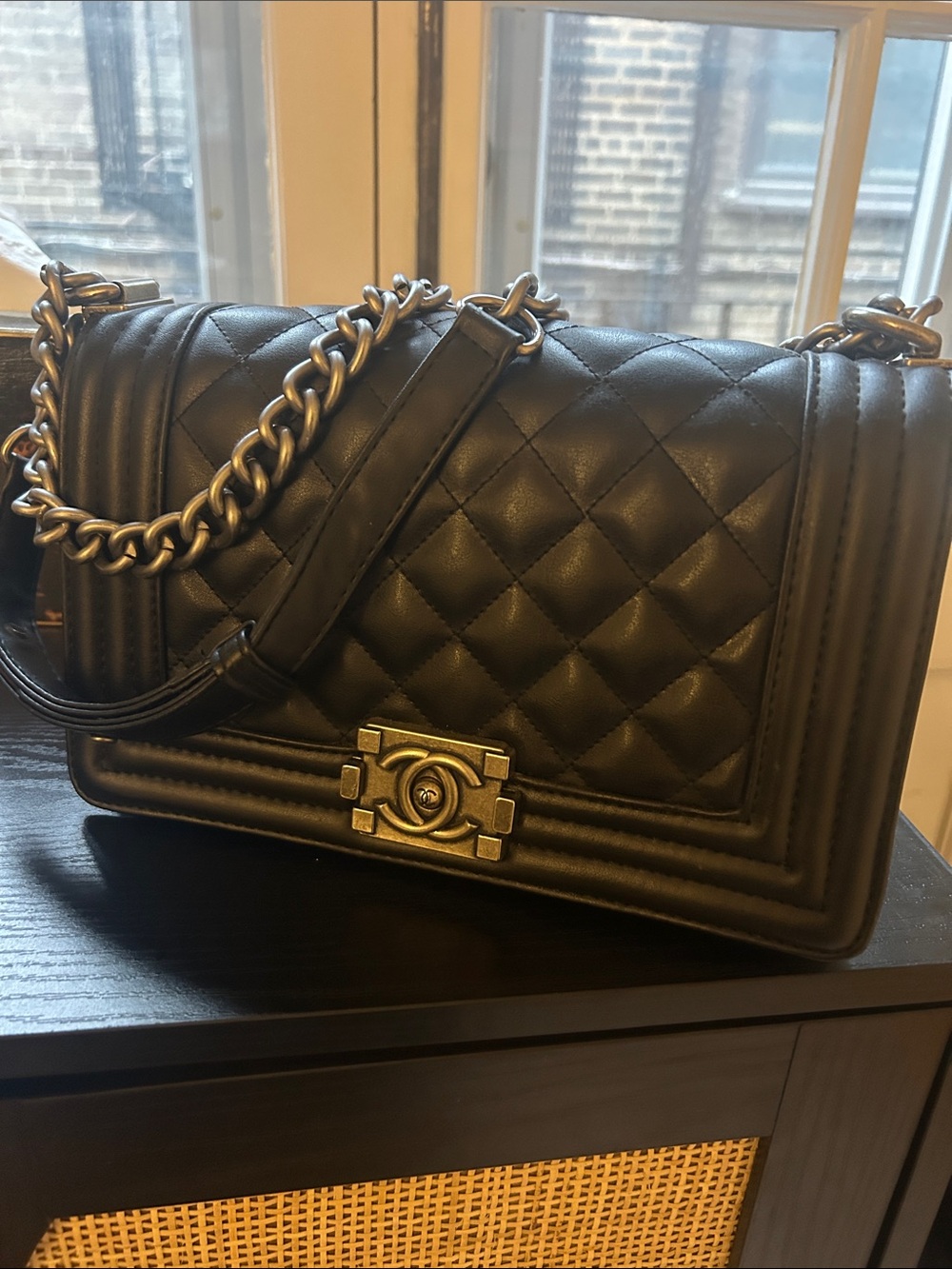 CHAEL Black Quilted Boy Style Shoulder Bag with Silver-Tone Hardware